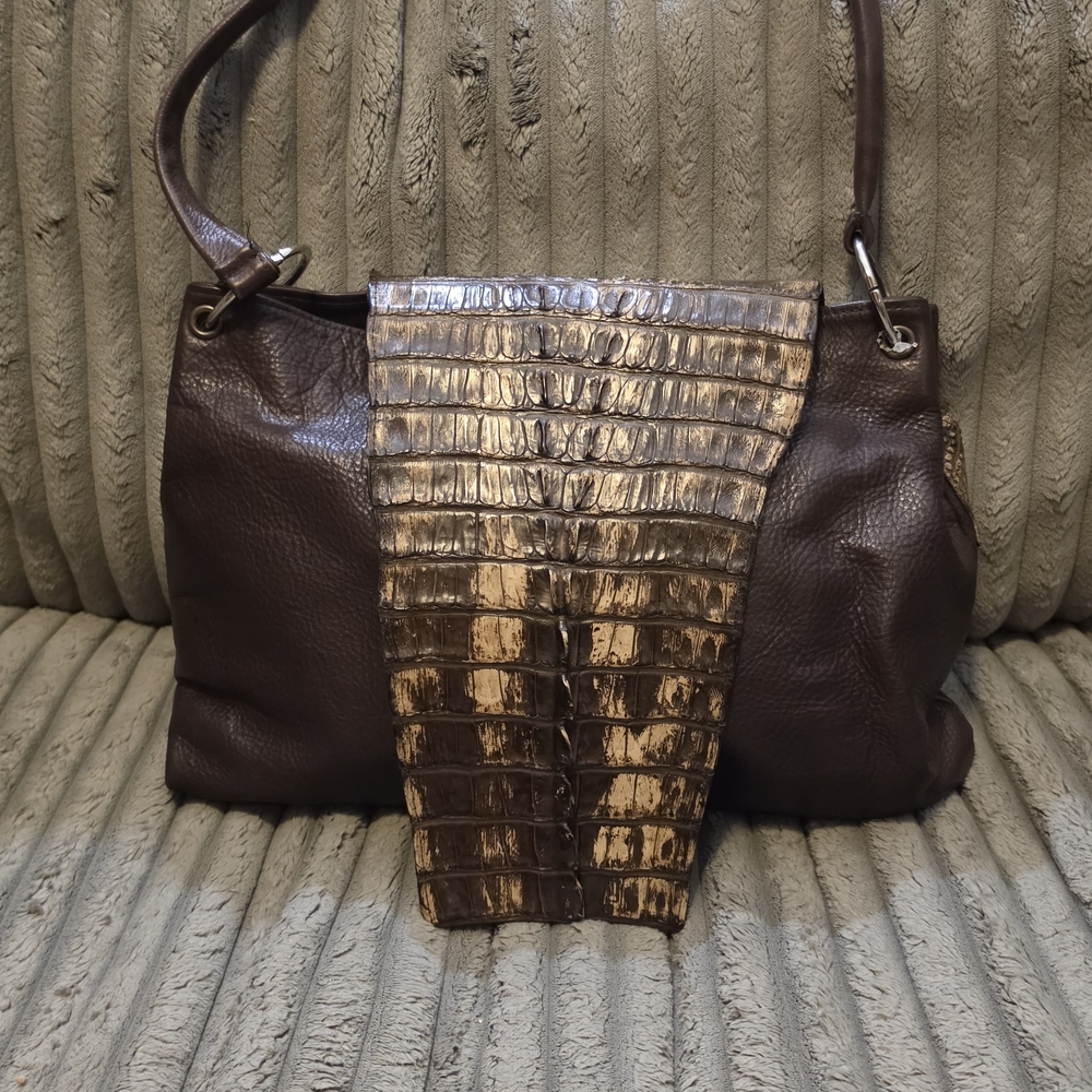 Chocolate Brown Leather Shoulder Bag with Croc-Embossed Accent